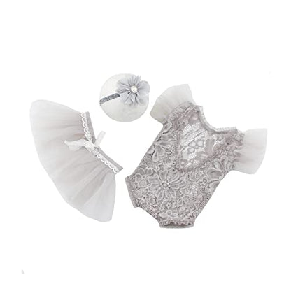 Newborn Photography Outfits Girl Baby Photo Tutu Dress Newborn Photoshoot Romper Baby Picture Lace Outfit - color: Grey6