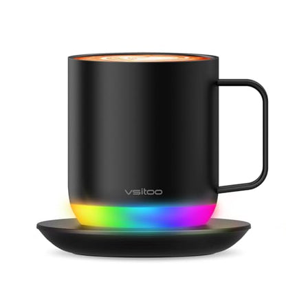 Vsitoo S6 Plus Smart Coffee Mug, 12oz,Temperature Controlled Mug & Electric Coffee Mug with Music Sync Lights，Auto-Sensing AI Heats Drinks to 120-150°F Hands-Free. Ideal for Home/Office/Gifts - Black - color: Black
