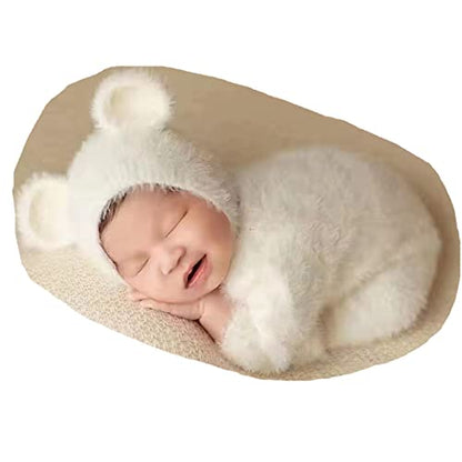 2Pcs Newborn Photography Props Boy Photo Posing Outfits Baby Photoshoots Girl Crochet Bear Hat Romper - color: White B