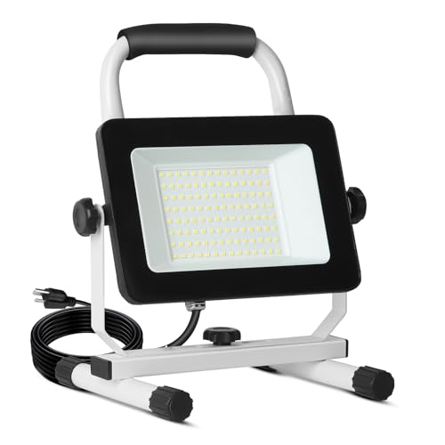 UFOND 6000 Lumen LED Work Light with Stand,60W Waterproof Flood Light, Brightness Switch Adjustable,Super Bright 10Ft Power Cord Portable Job Site Worklight for Garage Workshop Car,Outdoor Lighting