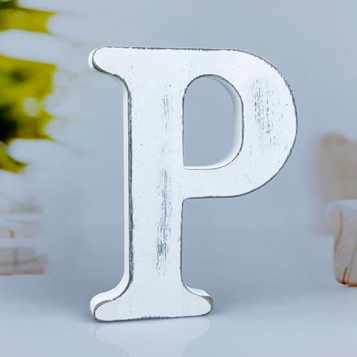 6 Inch Rustic White Wood Letters Unfinished Wood Letters for Wall Decorative White Retro Standing Letters Sign Board Decoration for Craft Home Party Projects (P) - color: P