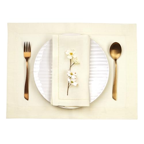 D'Moksha Homes Cream Linen Cloth Placemats Set of 4-100% Pure Linen Hemstitch Placemats 14 x 19 Inch - Classic Hemstitch Table Place Mats for Spring - Handcrafted and Machine Washable - color: 25 - Cream