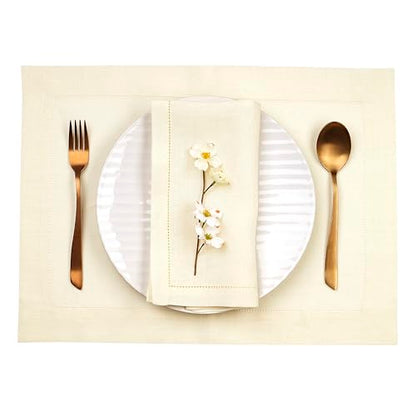 D'Moksha Homes Cream Linen Cloth Placemats Set of 4-100% Pure Linen Hemstitch Placemats 14 x 19 Inch - Classic Hemstitch Table Place Mats for Spring - Handcrafted and Machine Washable - color: 25 - Cream