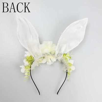 Women Easter Bunny Ears Headband Flowers Crown Rabbit Ears Party Headwear - color: White