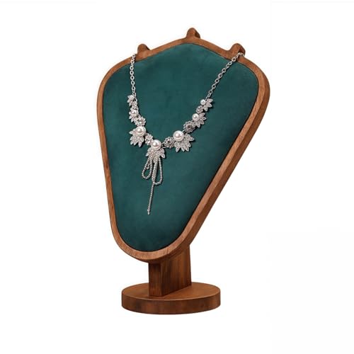 Walnut Color Body Wood Necklace Display Stand with Green Flannelette Soft Mat Necklace Holder Organizer Desktop Stand for Home Store Dresser-4.45"x8.4"x12" - color: Walnut-Green, size: 4.45"x8.4"x12"