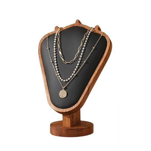 Walnut Color Body Wood Necklace Display Stand with Black Leather Soft Mat Necklace Holder Organizer Desktop Stand for Home Store Dresser-3.3"x5.8"x8.4" - color: Walnut-Black, size: 3.3"x5.8"x8.4"