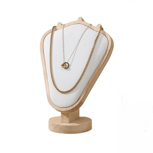 Natural Body Wood Necklace Display Stand with White Leather Soft Mat Necklace Holder Organizer Desktop Stand for Home Store Dresser-3.3"x5.8"x8.4" - color: Natural-White, size: 3.3"x5.8"x8.4"