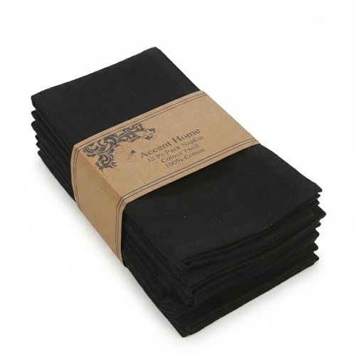 ACCENTHOME Accent Home 100% Cotton Napkins, Delicate Cloth Napkins for Dinners, Parties and Weddings，18 x 18 Inch Set of 12 - Black - color: 08 - Black - Twill, size: 18"x18" - Pack of 12