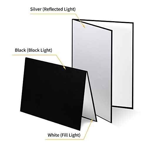Meking 3 in 1 Photography Reflector Cardboard, 12 x 8 inch Folding Light Diffuser Board for Still Life, Product and Food Photo Shooting - Black, Silver and White, 2 Pack - size: 2Pcs A4 Black Silver White