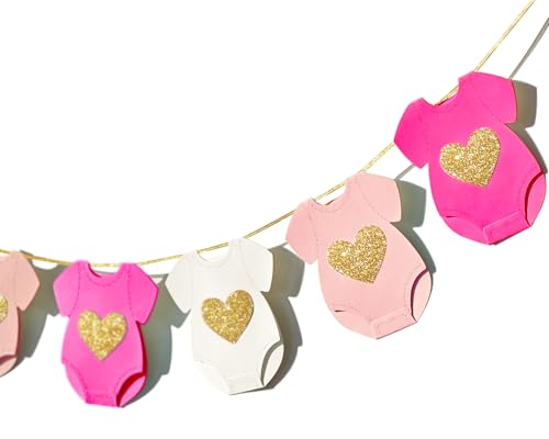 Pink Baby Shower Paper Garland Short-Sleeve Bodysuits Clothesline Garland Gender Reveal Birthday Banner Baby Outfit Pre - Strung Paper Decorations 9 pcs - color: Pink