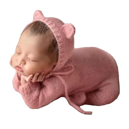2Pcs Newborn Photography Props Boy Photo Posing Outfits Baby Photoshoots Girl Crochet Bear Hat Romper - color: Pink