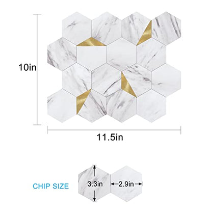 Peel and Stick Backsplash for Kitchen,New Upgrade Premium Hexagon Peel and Stick Backsplash, Seamless Backsplash Tile for Bathroom,（10-Sheet Carrara White Marble and Metal Gold） - color: Carrara White