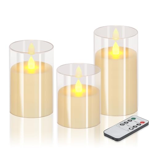 wemarry Flameless Candles 4" 5" 6" Acrylic Glass Pillars 3" Diameter Battery Operated Flickering Candles Include 8-Key Remote with Timer Function 400+ Hours (Pure White, Warm Light 3 Pack) - color: Pure White, size: Warm Light 3 Pack
