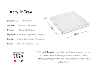 Clear Acrylic Organizer Tray, 10 x 10 Low-Profile Display & Vanity Tray – BPA-Free, Bathroom, Desk, Decor & Serving (Dry Use Only) - Made in USA - size: 10" x 10" x 1"