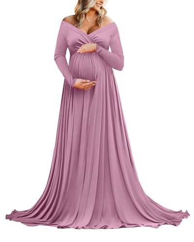 Saslax Maternity Off Shoulders Half Circle Gown for Baby Shower Photo Props Dress - color: Mauve 64, size: Small