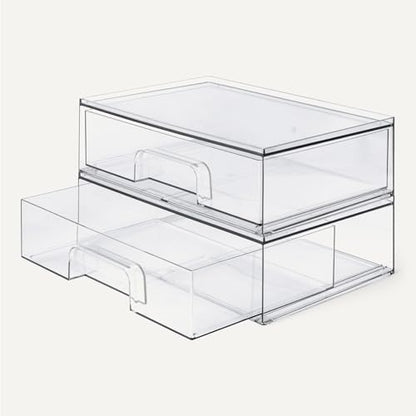Amazon Basics Stackable Plastic Storage Makeup Organizer Drawers, Clear, 12.1" x 7.6" x 3.5", 2 Pack - size: 3.5" X 12.1" X 7.6"