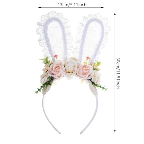 Easter Flower Bunny Ears Headband for Women Girls Easter Hairband Flower Rabbit Ears headband - color: White