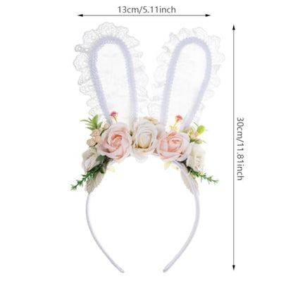 Easter Flower Bunny Ears Headband for Women Girls Easter Hairband Flower Rabbit Ears headband - color: White