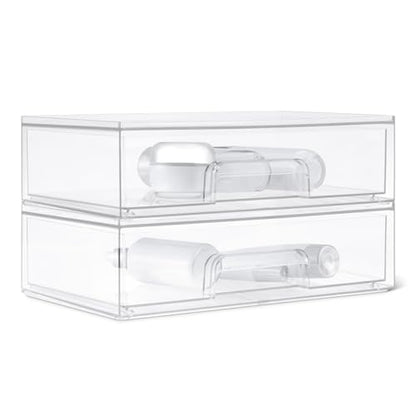 Amazon Basics Stackable Plastic Storage Makeup Organizer Drawers, Clear, 12.1" x 7.6" x 3.5", 2 Pack - size: 3.5" X 12.1" X 7.6"