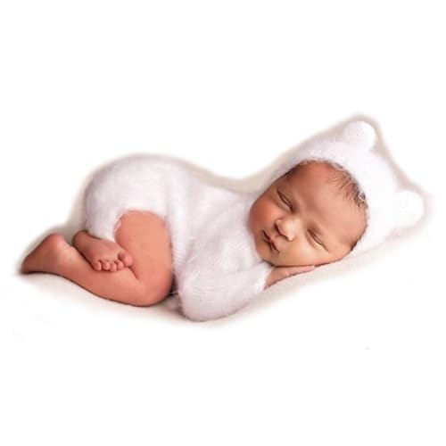 2Pcs Newborn Photography Props Boy Photo Posing Outfits Baby Photoshoots Girl Crochet Bear Hat Romper - color: White-shorts
