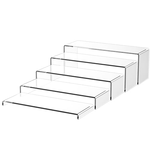 5-Pack Acrylic Spice Rack(10.8"~12.4"L), Seasoning Organizer with Non-Slide Silicone Pads, Clear Cabinet Organizer Shelf for Kitchen Countertop, Cupboard, Pantry, Shelf Riser Rack for Cans and Cups