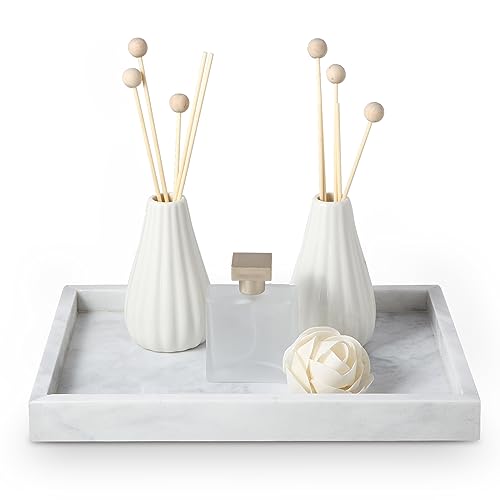 Natural Marble Vanity Tray - 4.66 lbs (2.1kg) Ultra-Heavy Solid Stone Tray - 11.8" x 7.9" Rectangle Bathroom Organizer for Perfume & Jewelry - Non-Slip Silicone Pads - White & Gray - color: White/Light Grey, size: 11.8" x 7.9" x 1.2"