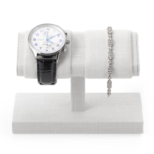 Double Watch Display Stand - Luxury Watch Holder with Soft Linen Lining for Jewelry Store, Home Decor & Travel | Compact 6x3x4.3in(White) - color: White