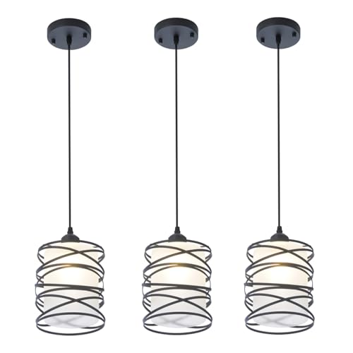 3-Pack Modern Mini Pendant Light Fixture Kitchen Island Pendant Lighting 6.3''Matte Black Spiral Cage and Handblown Frosted Glass Shade Adjustable Cord for Dining Room Hallway Entryway - color: 3-Pack Frosted Glass 6.30in