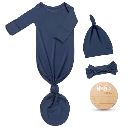 Hello World Newborn Outfit Knotted Gown 0-3 Months, Baby Girl Boy Coming Home Sleeper with Sign - color: Sea Blue, size: 0-3 Months