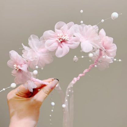 Adjustable Flower Crown Headband for Women - Floral Garland Hair Wreath with Crystal Accents Perfect for Weddings Flower Wands Photo Props (Pink Flower Beaded, Adjustable) - color: Pink Flower Beaded