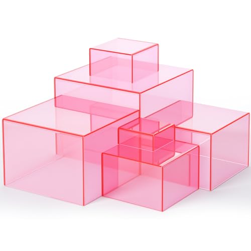 Geelin 6 Pack Acrylic Risers for Display Acrylic Cube Boxes Risers Display Stands with Hollow Bottoms Decorative Stand for Jewelry Candy Table Decor 6 Sizes(Pink,3 to 8 Inch,Square) - color: Pink, size: 3 to 8 Inch