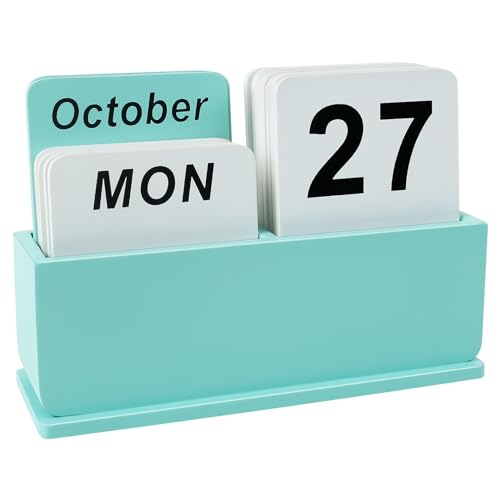 Wooden Block Perpetual Calendar for Desk, Daily Desktop Standing Flip Calendar with Large Display, Modern Farmhouse Aesthetic Desk Accessories for Home Office Decor, Reusable Yearly, Green - color: Green