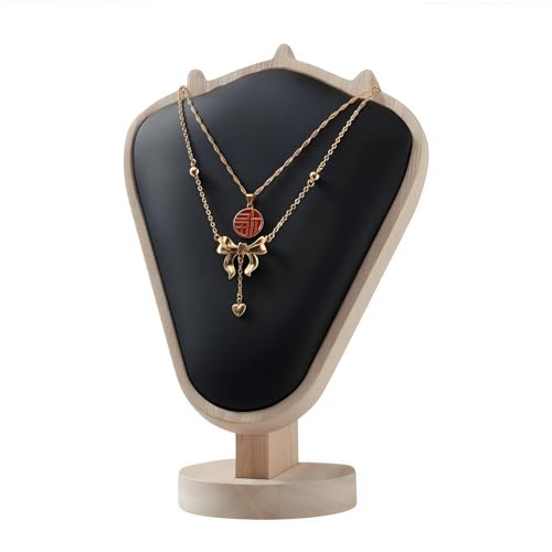 Natural Body Wood Necklace Display Stand with Black Leather Soft Mat Necklace Holder Organizer Desktop Stand for Home Store Dresser-4.45"x8.4"x12" - color: Natural-Black, size: 4.45"x8.4"x12"