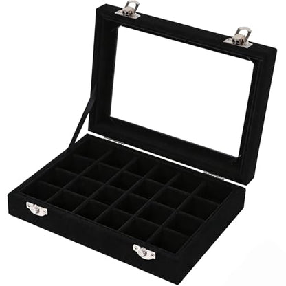 Velvet Jewelry Box 24 Grid Jewelry Earrings Display Organiser Box Ring Tray Holder Earrings Storage Case for Girls Women Wife Mom (Black) - color: Black