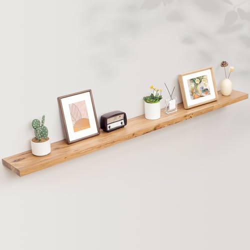 Axeman Rustic Elm Wood Floating Shelves - 72'' W x 8" D Wall Mantel Shelf with Invisible Bracket, Large Long Wall Mounted Storage Shelves for Living Room, Bedroom, Kitchen, Bathroom, Natural - color: Natural Elm With Flat Edge, size: 72 Inches - 1p