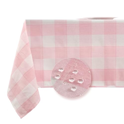 Waterproof Gingham Tablecloth Rectangle 95x55 Inch Cotton Checkered Table Cloth Buffalo Plaid Yarn Dyed Washable Table Cover for Easter Picnic Kitchen Dinner Outdoor BBQ & Party, Pink and White - color: Gingham (Cotton Blend) - Pink, size: 95" x 55" (Rect