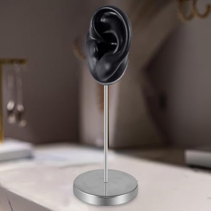 Silicone Ear Model Earring Jewelry Display Teaching Tool Prop Stainless Steel Holder Stand for Retails Girls Women Photos, Black Left