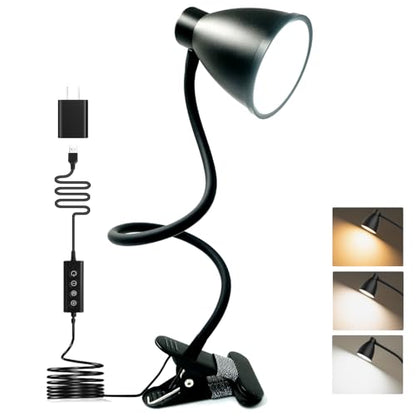 BOHON Desk Lamp 5 Color Modes 10 Brightness Dimmer Reading Light 10W 38 LED Clamp Lamp with Auto Off Timer 360° Flexible Neck Clip on Light for Bed Bedside, AC Adapter Include - color: Black