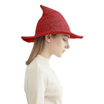 Halloween Witch Hat for Women Wide Brim Foldable Wizard Hat Wool Knit Pointed Cap Cosplay Costume Accessory - color: Red