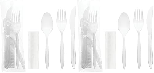 Party Essentials Individually Wrapped Plastic Cutlery Packets/Silverware Kits, White Fork/Spoon/Knife/Napkin, 100 Sets (Pack of 2) - color: White Fork/ Spoon/ Knife/ Napkin, size: 100 Sets (Pack of 2)