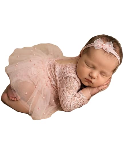 Zeroest Newborn Photography Outfits Girl Lace Romper Newborn Photography Props Rompers Baby Girls Skirt Photoshoot 3 PCS - color: Pink-long Sleeve