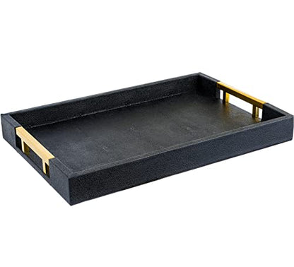 Modern Elegant 17.5"x12" Rectangle Black Glossy Shagreen Faux Leather Decorative Tray Ottoman Coffee Table Perfume Living Room Kitchen Serving Tray with Gold Polished Metal Handles by Home Redefined - color: Black/Gold