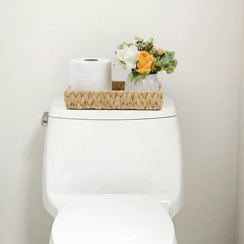 Bathroom Tray, 11 Inch Water Hyacinth Vanity Tray with Handle, Small Wicker Basket for Bathroom Toilet Tank Countertop, Wicker Bathroom Trays for Counter Decor - size: 11.1" x 7.1" x 2.2"