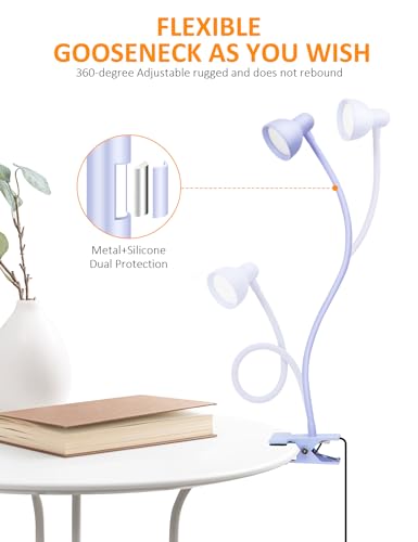 LiFMIRA Clip on Lamp USB Reading Light, 3 Color Modes, 10 Brightness Dimmable, Flexible Gooseneck Desk Lamp with Clamp, Eye Care Clip on Light for Bed Headboard Desk Home Dorm - color: Lilac Purple