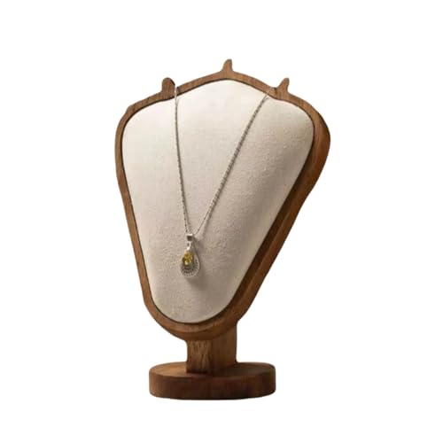 Walnut Color Body Wood Necklace Display Stand with Beige Flannelette Soft Mat Necklace Holder Organizer Desktop Stand for Home Store Dresser-3.3"x5.8"x8.4" - color: Walnut-Beige, size: 3.3"x5.8"x8.4"