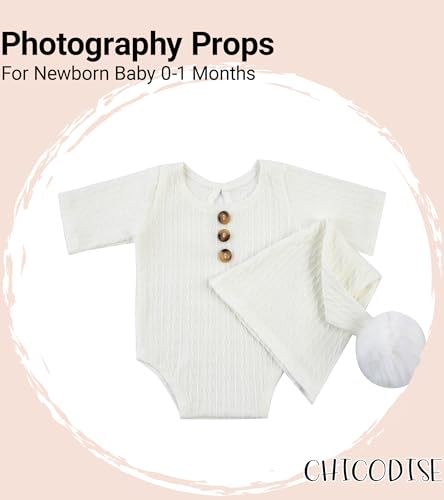 Newborn Photography Props, Infant Photoshoot Outfit Romper & Pom Pom Hat for Baby Boys Girls - color: White