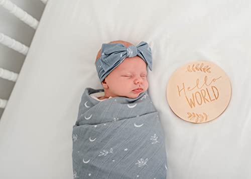 Miaoberry 100% Organic Muslin Swaddle Set w Matching Hat/Bow| Moon Leaves in Haze Blue| Hospital Home-Coming Baby Announcement Blanket Gender Neutral for Boy n Girl - color: Moon Blue