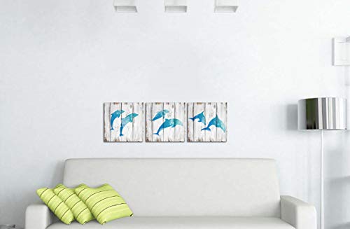 HOMEOART Jumping Dolphins Teal Blue Bathroom Wall Decor Ocean Animal Painting Wood Texture Background Art Print on Canvas Framed Artwork Ready to Hang 12"x12"x3Panels