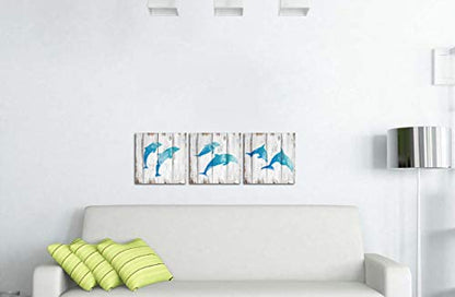 HOMEOART Jumping Dolphins Teal Blue Bathroom Wall Decor Ocean Animal Painting Wood Texture Background Art Print on Canvas Framed Artwork Ready to Hang 12"x12"x3Panels