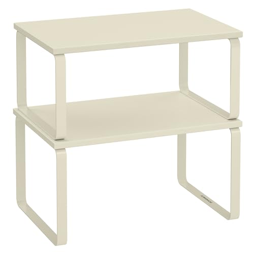 SONGMICS Cabinet Organizer Shelf, Set of 2 Kitchen Counter Shelves, Kitchen Storage, Spice Rack, Stackable, Expandable, Metal and Engineered Wood, Cream White UKCS002W02 - color: Cream White, size: 11.7"W